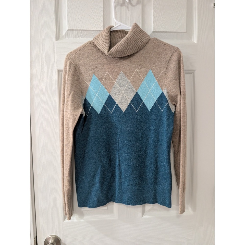 Lands' End Women's S, 100% Cashmere Turtleneck Sweater, Argyle, Tan/Blue - Picture 1 of 5